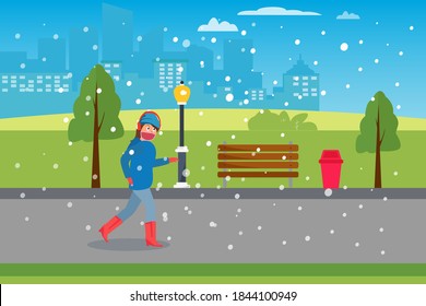 Winter Exercise Vector Concept: Woman In Winter Clothes Running At The Park While Wearing A Face Mask On Snowy Day During New Normal After Coronavirus Pandemic