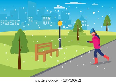 Winter Exercise Vector Concept: Woman In Face Mask Jogging At The Park While Wearing Winter Clothes During Snowy Day At Winter Time