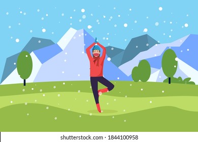 Winter Exercise Vector Concept: Woman Doing Yoga And Meditation By Standing On One Foot While Wearing Face Mask And Winter Clothes At The Park During Snowy Day