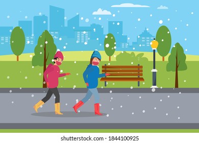 Winter Exercise Vector Concept: Young Couple In Face Mask Doing Exercise By Jogging Together At The Park While Wearing Winter Clothes During Snowy Day