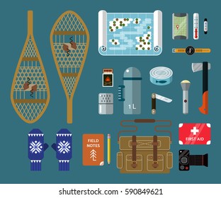 winter explorer kit: snowshoes, mittens, map, navigator, thermometer, smart bracelet, wrist watch, matches, warmer, thermos, fish tin, knife, light, axe, notebook, pencil, bag, first aid, photo camera