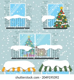 Winter exterior vector illustration. Beautiful building in snowfall. Colourful illustration in flat style.