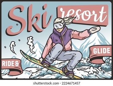 A winter extreme active sport. A snowboarder descends a snowy mountain. Poster about snowboarding