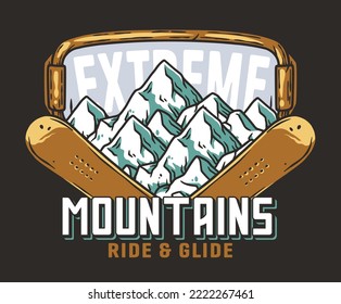 A winter extreme active sport. Snowboarding and skiing equipment. Snow mountains. Printable print