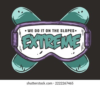 A winter extreme active sport. Snowboarding and skiing equipment. Snow mountains. Printable print
