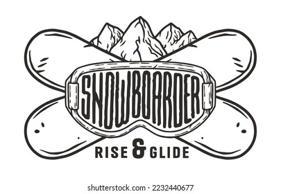 A winter extreme active sport. Snowboarding and skiing equipment. Snow mountains. Printable print