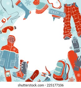 Winter extreme sport background. Hand-drawn snowboard clothing and kit. There is place for your text in the center.