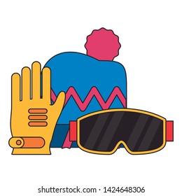 Winter extreme sport equipment beanie hat googles and gloves vector illustration graphic design