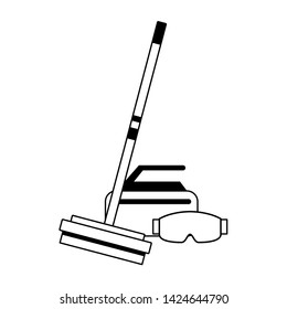 Winter extreme sport equipment curling broom and stone with googles vector illustration graphic design