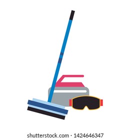 Winter extreme sport equipment curling broom and stone with googles vector illustration graphic design