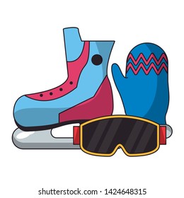 Winter extreme sport equipment ice skate googles and glove vector illustration graphic design