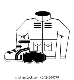 Winter extreme sport equipment jacket and boot with googles vector illustration graphic design
