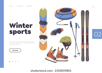 Winter extreme sport professional equipment and clothing wear landing page design template