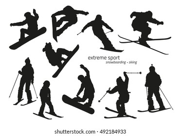 Winter extreme sport silhouette - snowboarding, skiing. Vector illustration