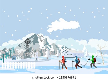 Winter extreme sport, extreme touristen walking in snow mountains, vector illustration