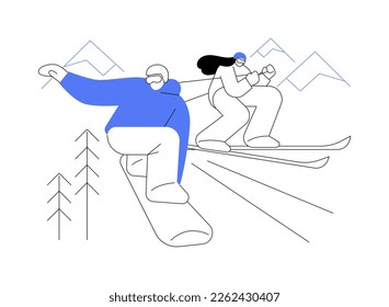 Winter extreme sports abstract concept vector illustration. Extreme winter sports competition, ski and snowboard equipment shop, mountain resort, outdoor activity, pro rider abstract metaphor.