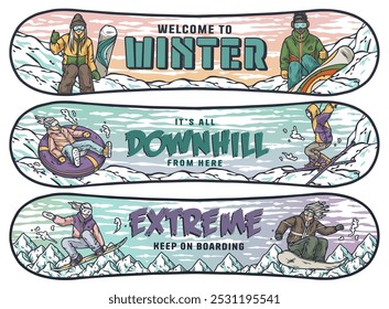 Winter extreme sports banners showing young people snowboarding, skiing, and snow tubing on snowy slopes. Winter poster or sign