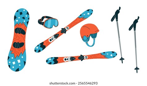 Winter extreme sports equipment flat color vector objects set. Skiing and skateboarding accessories illustrations bundle on white background