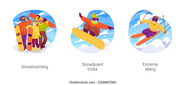 Winter Extreme Sports Isolated Cartoon Vector Illustration Set. Snowboarding Together, Teenagers Holding Equipment, Snowboard Tricks, Teenager Enjoy Skiing, Making Stunt Vector Cartoon.