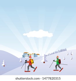 Winter extreme sports and recreation scene, skiers in the mountains, vector