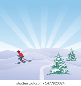 Winter extreme sports and recreation scene, skiers in the mountains, vector