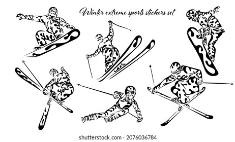 Pegatinas de deportes extremos de invierno. Colección de snowboard y esquiadores. Ilustración vectorial.