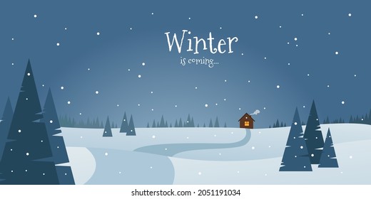 Winter fabulous landscape. Night, snow, trees and a house. Flat design. Background with an inscription.