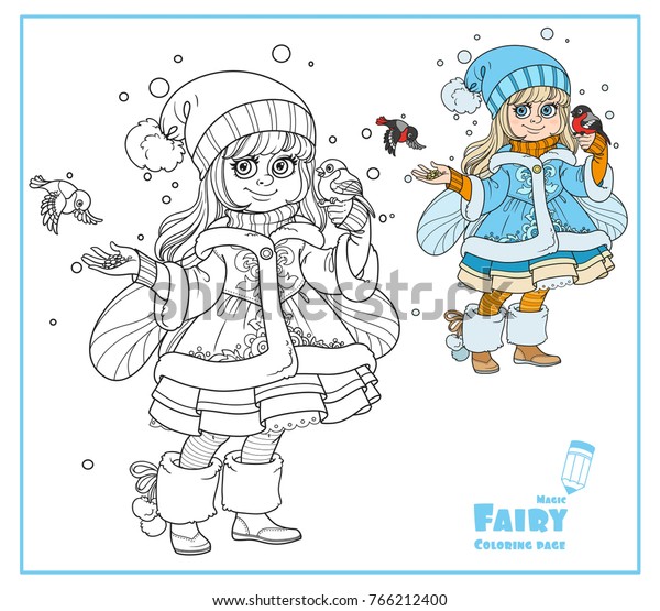 winter fairy feeds bullfinches color outlined stock vector