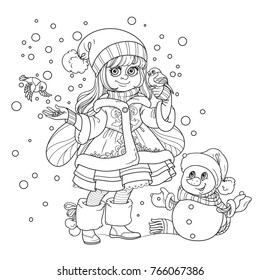 Winter fairy feeds the bullfinches next to the snowman outlined isolated on a white background