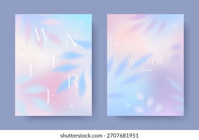 Ilustraciones de gradiente de hadas de invierno. Fondos delicados con plantas congeladas y flores. Conceptos Abstractas borrosos en colores pastel suaves. Diseños de ensueño minimalistas para impresiones de vacaciones, cubiertas, invitaciones