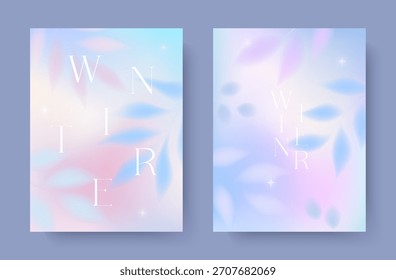 Ilustraciones de gradiente de hadas de invierno. Fondos delicados con plantas congeladas y flores. Conceptos Abstractas borrosos en colores pastel suaves. Diseños de ensueño minimalistas para impresiones de vacaciones, cubiertas, invitaciones