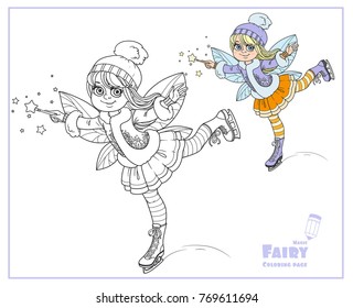 Winter fairy ice skating color and outlined isolated on a white background