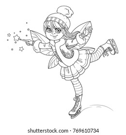 Winter fairy ice skating outlined isolated on a white background