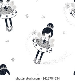 Winter fairy skating seamless pattern. Cute glittering girl with stylized snowflake magical wand. Decorative snow with shiny sparkles. Wallpaper, wrapping paper design, girlish textile print