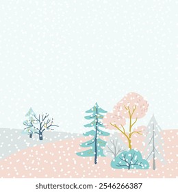 Fundo de conto de fadas de inverno com árvores e neve. Um bosque com árvores coloridas e uma tempestade de neve com um lugar para texto. um cartaz para crianças com um conto de fadas de inverno