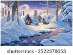 Winter fairy tale landscape, with houses and festive christmas fir tree, in a winter snowy forest. Vector illustration.