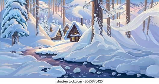 Winter fairy tale landscape, with houses and a river, in a winter snowy forest.