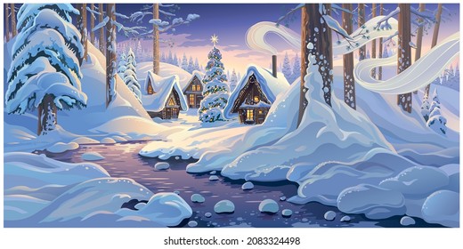 Winter fairy tale landscape, with houses and festive christmas fir tree, in a winter snowy forest.