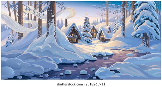 Winter fairy tale landscape, with houses and festive christmas fir tree, in a winter snowy forest. Vector illustration.