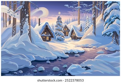 Paisagem de conto de fadas de inverno, com casas e abeto de Natal festivo, em uma floresta nevada de inverno. Ilustração vetorial.