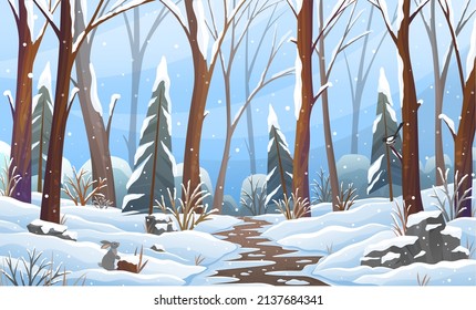 Winter fairy tale landscape, with tall trees and path in winter snowy forest, fir-trees in snowdrifts. Beautifyl outdoors natural background, mystery light in frosty glade, magic season with snow