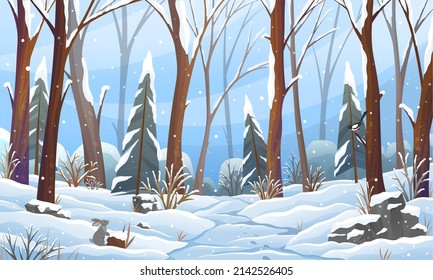 Winter fairy tale landscape, with tall trees and path in winter snowy forest, fir-trees in snowdrifts. Beautifyl outdoors natural background, mystery light in frosty glade, magic season with snow