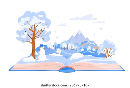 Winter fairy tale in magic book vector illustration. Cartoon isolated open storybook with snowy cold forest and mountains on pages, reading story about happy journey to Christmas fairytale forest