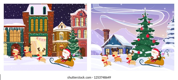 Winter fairy tale town poster design. Two illustrations of Santa in sleigh with deer on background with bright winter town and snowy village. Can be used for postcards, invitations, greeting cards