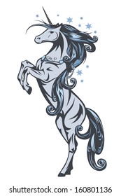 winter fairy tale unicorn horse among snow flakes vector illustration