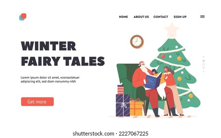Winter Fairy Tales Landing Page Template. Santa Claus Reading Book to Little Kids. Noel Character in Red Festive Costume Sit on Armchair Read Stories to Children. Cartoon People Vector Illustration