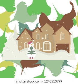 Winter fairytale. Beautiful Christmas house and snowman on abstract background. New Year 2019 design. Seamless pattern.