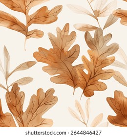 Winter Fall Brown Black Grey Beige Forest Oak Leaf Foliage Watercolor Abstract Scandinavian Design Seamless Pattern Wallpaper Curtain Bedding Background Upholstery Gift Wrapping Paper Vector