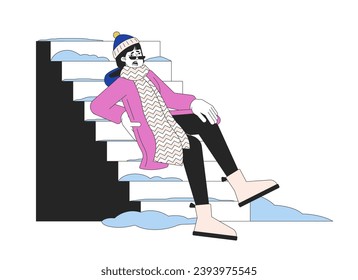 Riesgo de caída de invierno en la línea de la escalera caricatura ilustración plana. Niña de espalda herida se desliza en pasos exteriores con el personaje de lino 2D helado aislado en fondo blanco. Escalera con imagen de color vectorial de la escena de nieve
