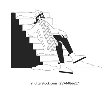 Winter fall hazard on stairs black and white cartoon flat illustration. Injured back girl slips on outdoor steps icy 2D lineart character isolated. Stairway with snow monochrome vector outline image